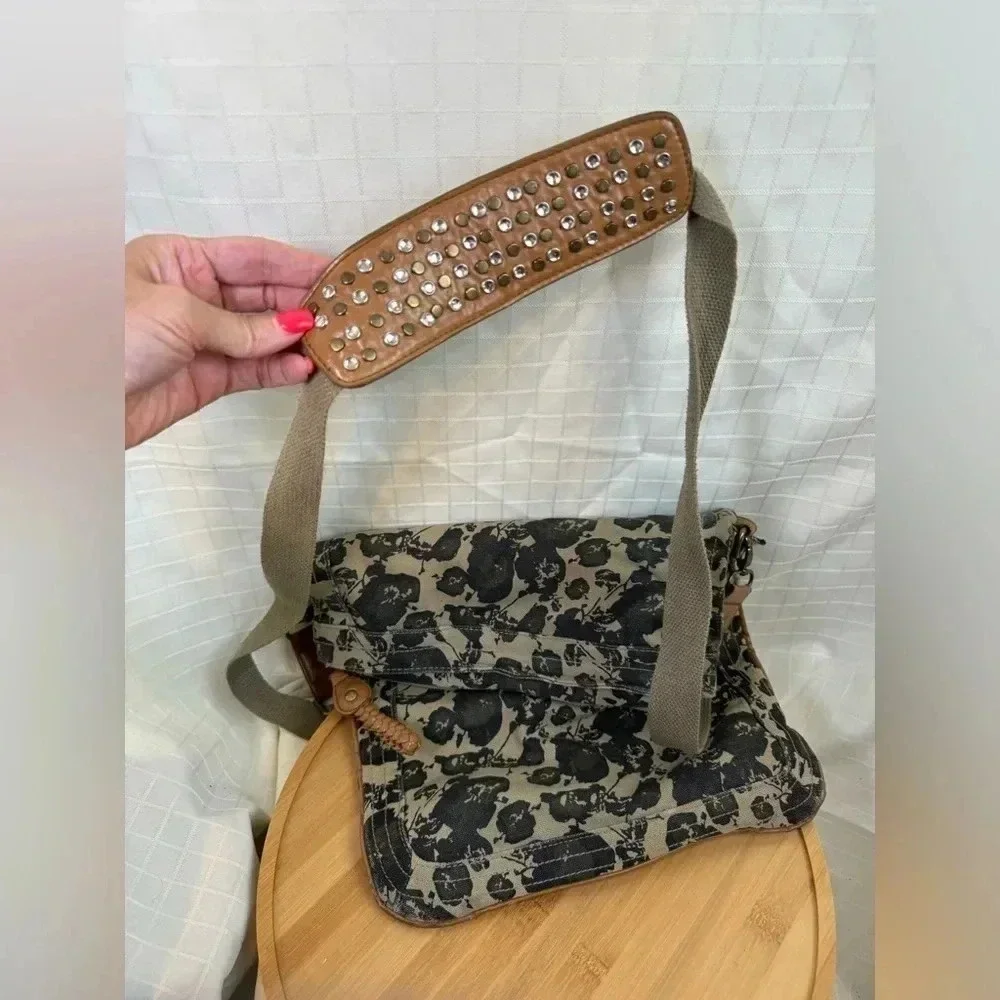 Many Moods Poppie Jones Foldover Green Canvas Camouflage Crossbody Bag Studded